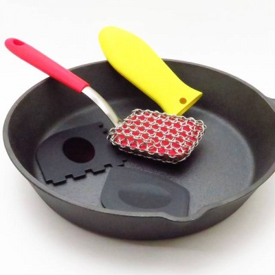 Stainless Steel Chainmail Scrubber Brush Include Hot Handle Holder,Pan Scraper,Grill Scraper