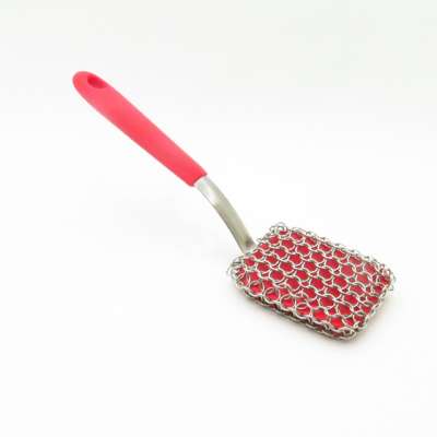 Kitchen Cast Iron Skillet Chainmail Cleaning Brush with Silicone Handle