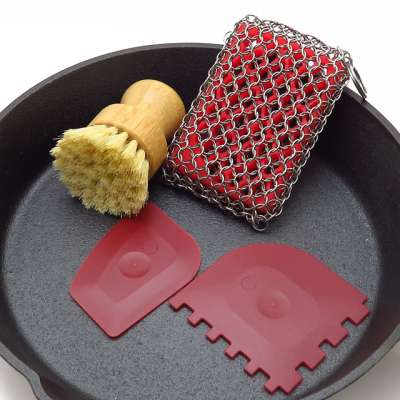 7 Pieces Cast Iron Cleaner Set Include Stainless Steel Chainmail Scrubber with Bamboo Dish Scrub Brush